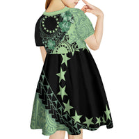 Cook Islands Turtle Kid Short Sleeve Dress Stars and Hibiscus - Green