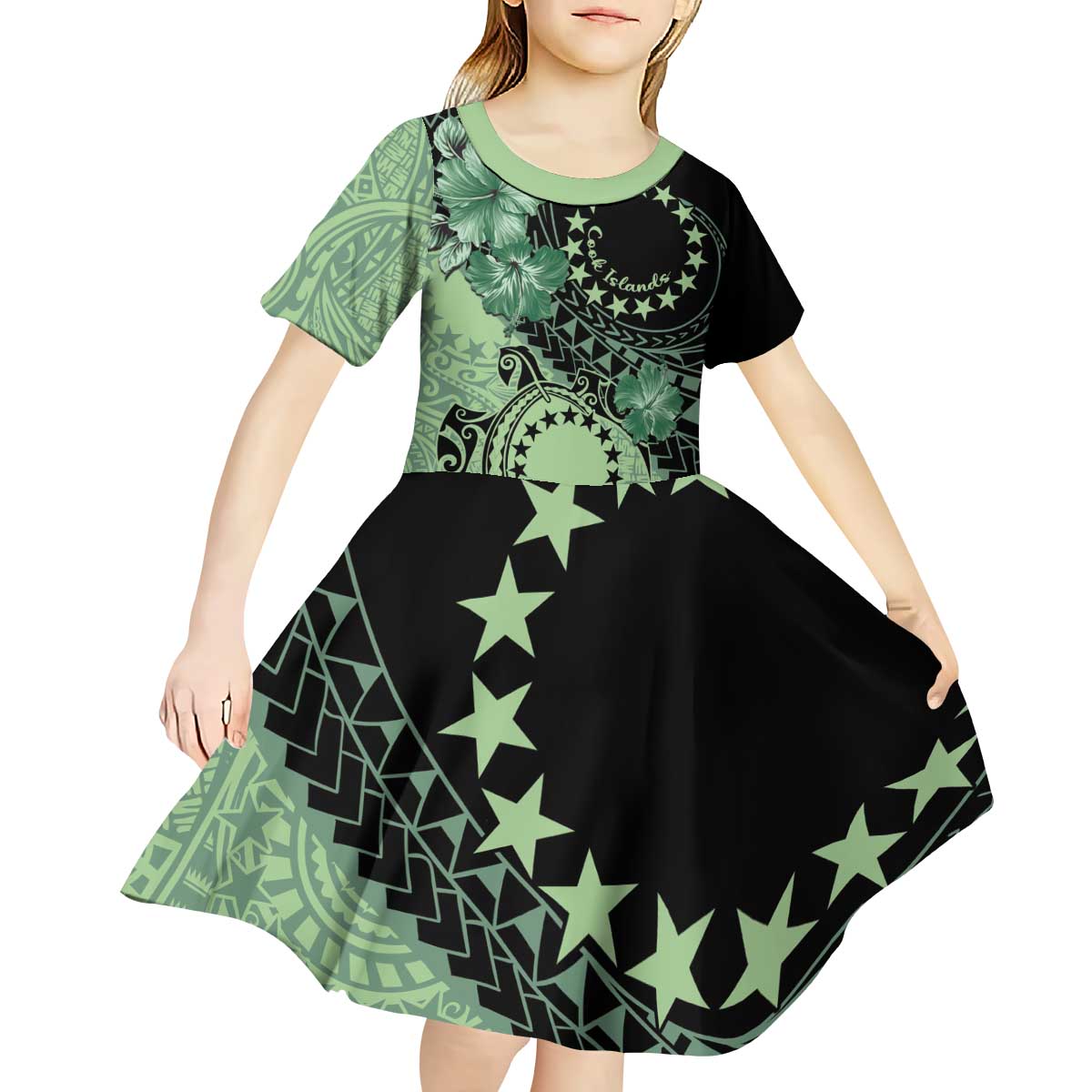 Cook Islands Turtle Kid Short Sleeve Dress Stars and Hibiscus - Green