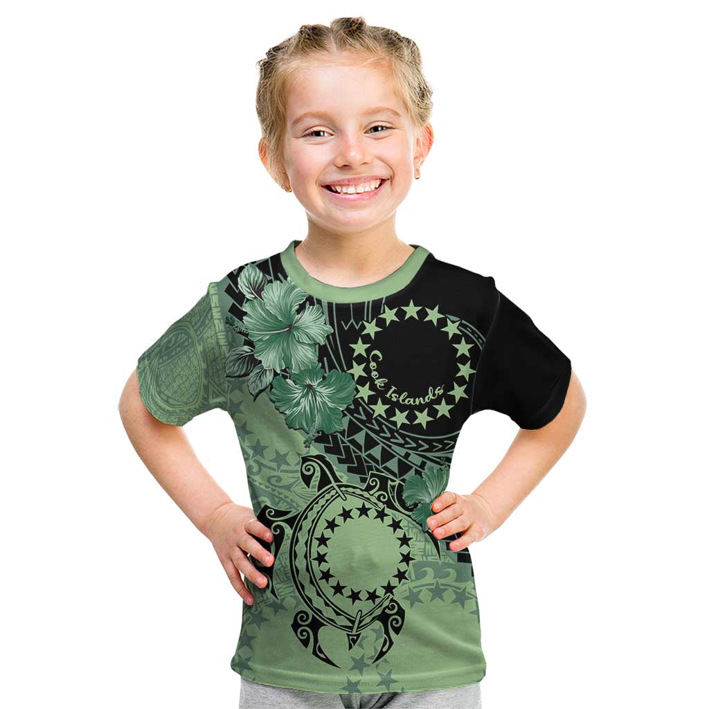 Cook Islands Turtle Kid T Shirt Stars and Hibiscus - Green