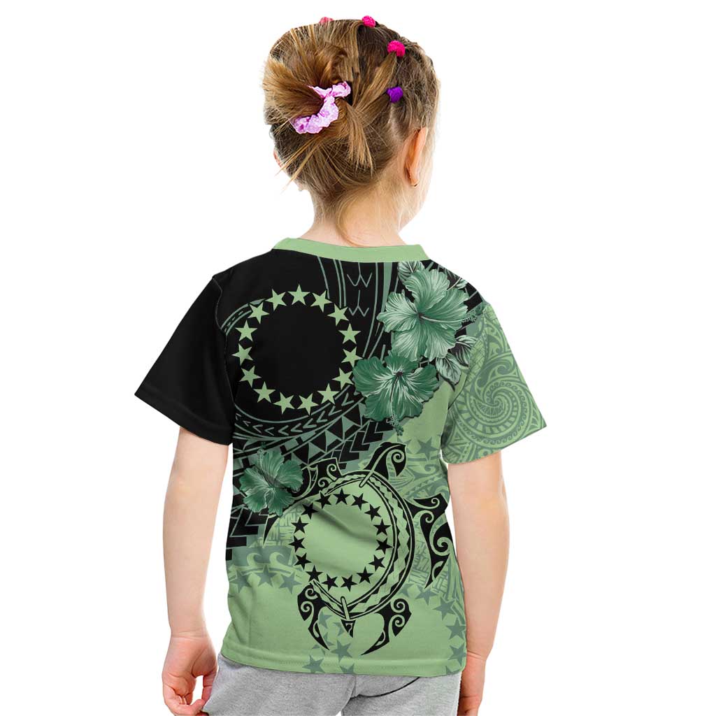 Cook Islands Turtle Kid T Shirt Stars and Hibiscus - Green