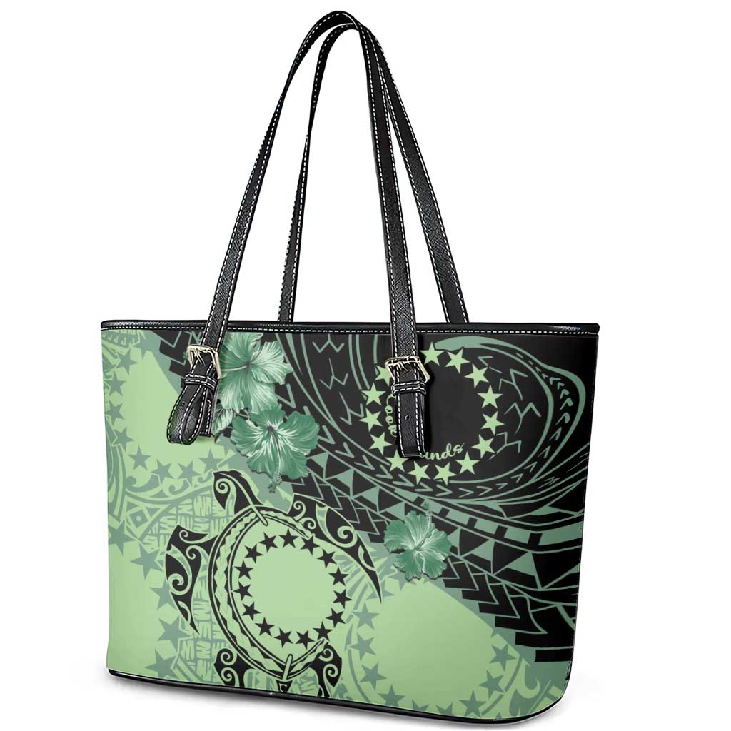 Cook Islands Turtle Leather Tote Bag Stars and Hibiscus - Green