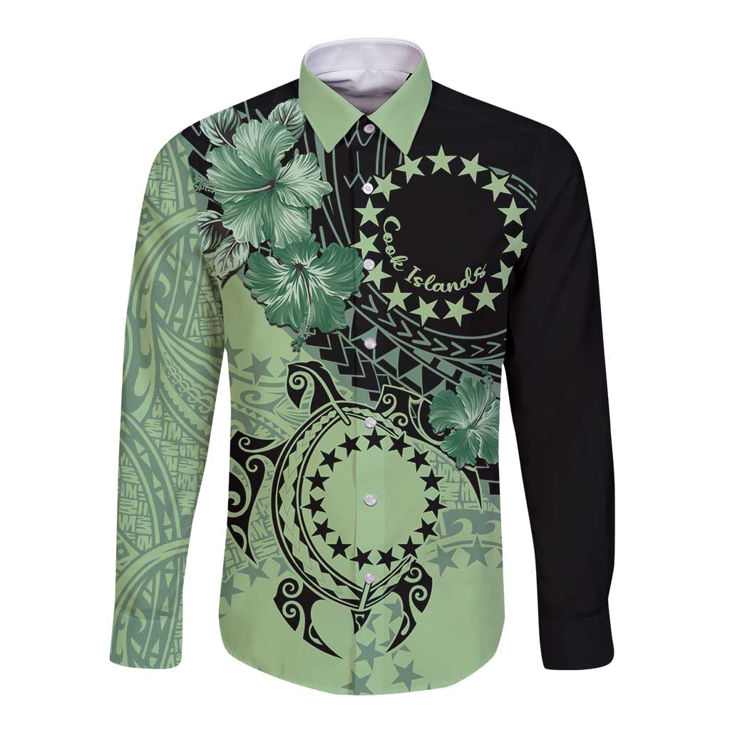 Cook Islands Turtle Long Sleeve Button Shirt Stars and Hibiscus - Green