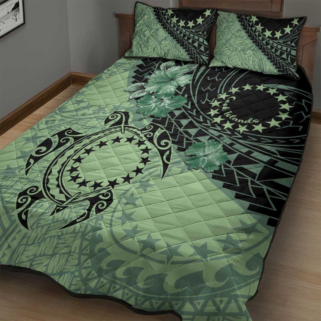 Cook Islands Turtle Quilt Bed Set Stars and Hibiscus - Green