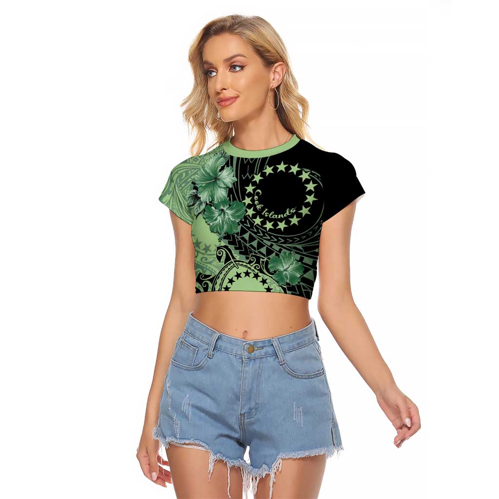 Cook Islands Turtle Raglan Cropped T Shirt Stars and Hibiscus - Green