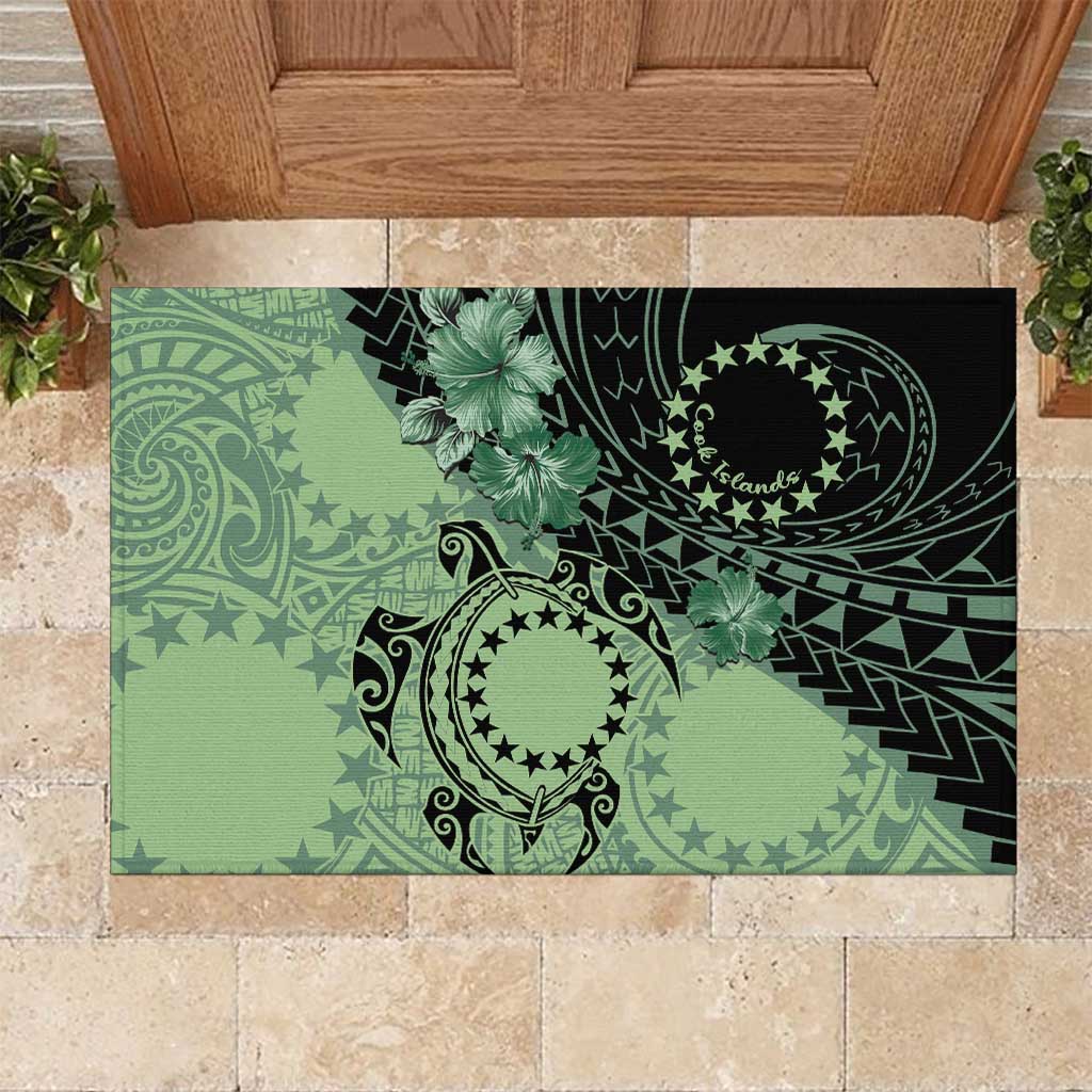 Cook Islands Turtle Rubber Doormat Stars and Hibiscus - Green