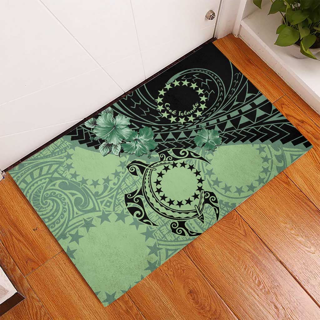 Cook Islands Turtle Rubber Doormat Stars and Hibiscus - Green