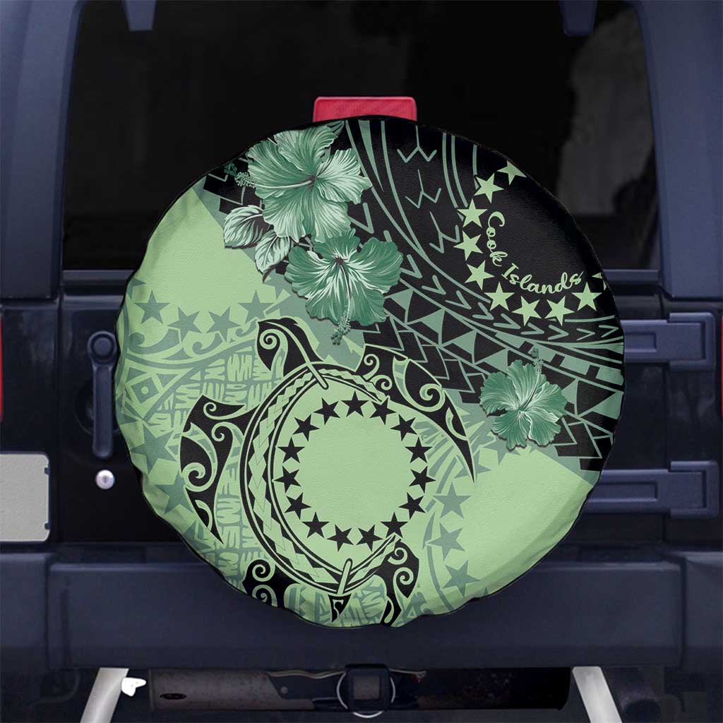 Cook Islands Turtle Spare Tire Cover Stars and Hibiscus - Green