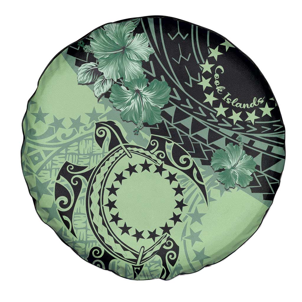Cook Islands Turtle Spare Tire Cover Stars and Hibiscus - Green