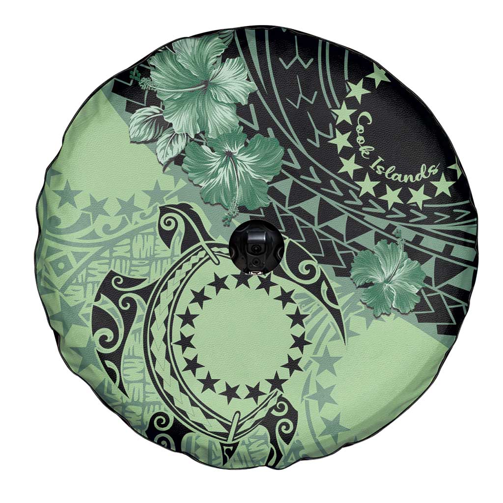 Cook Islands Turtle Spare Tire Cover Stars and Hibiscus - Green
