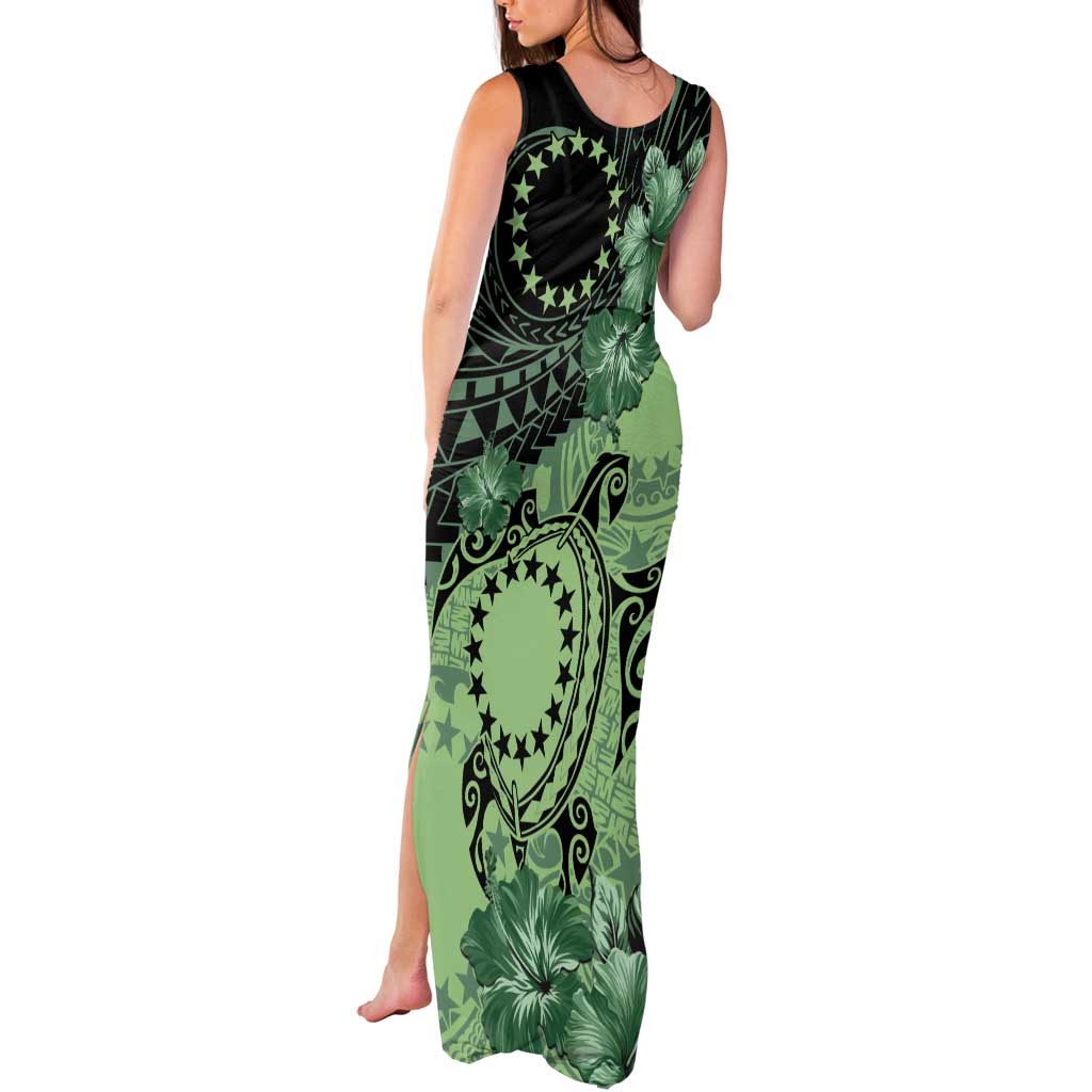 Cook Islands Turtle Tank Maxi Dress Stars and Hibiscus - Green
