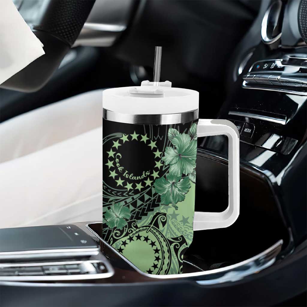 Cook Islands Turtle Tumbler With Handle Stars and Hibiscus - Green