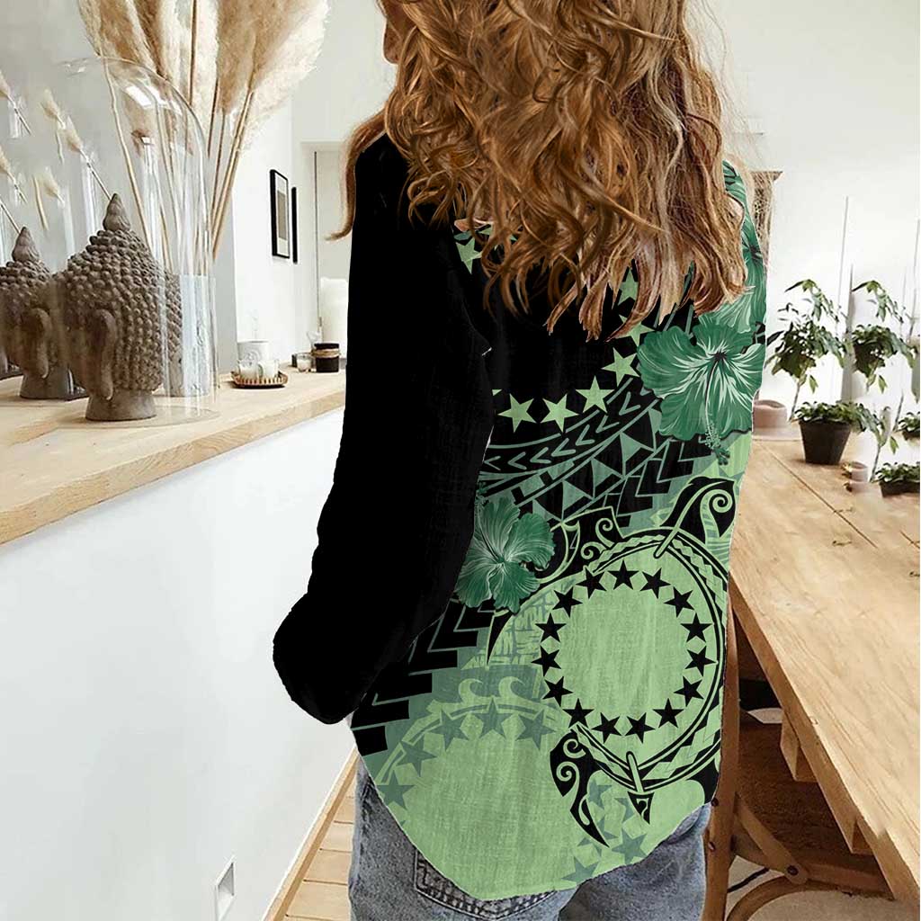 Cook Islands Turtle Women Casual Shirt Stars and Hibiscus - Green