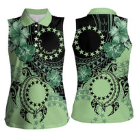 Cook Islands Turtle Women Sleeveless Polo Shirt Stars and Hibiscus - Green