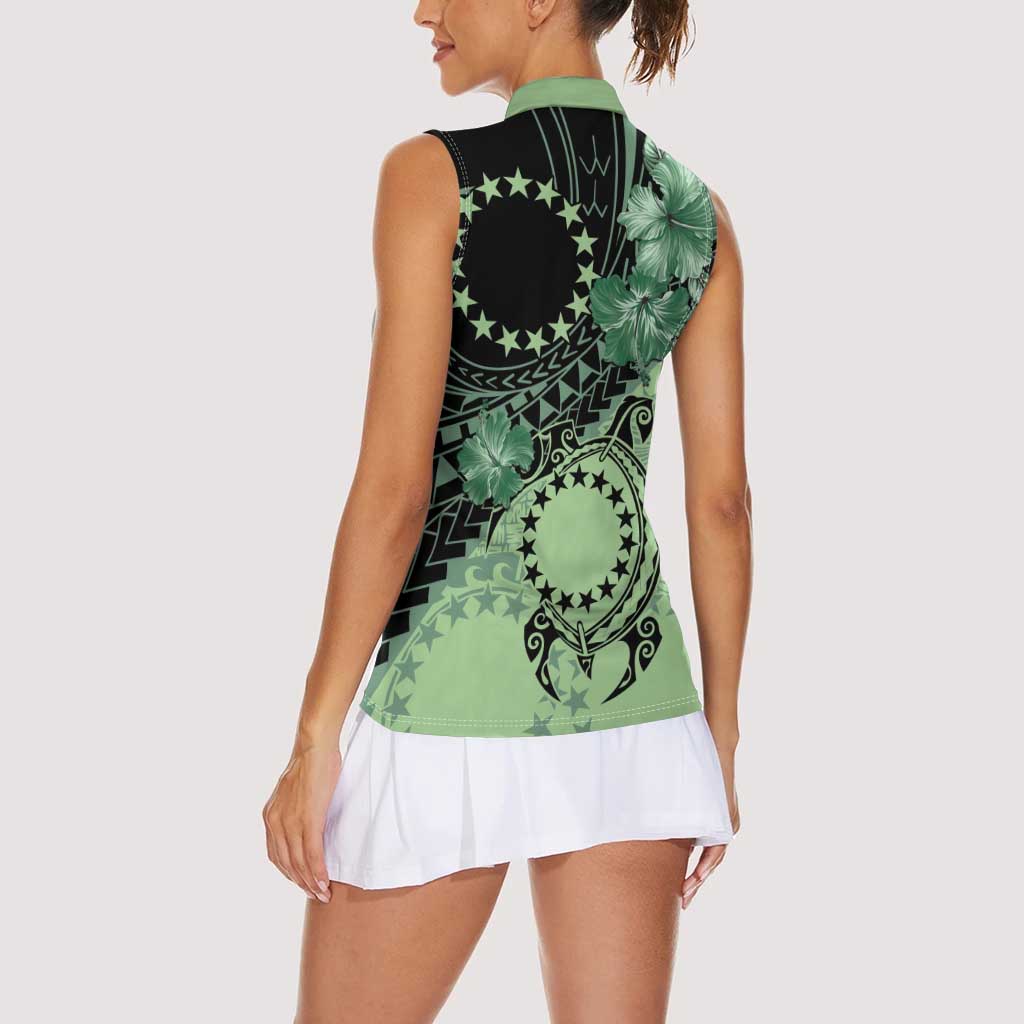 Cook Islands Turtle Women Sleeveless Polo Shirt Stars and Hibiscus - Green