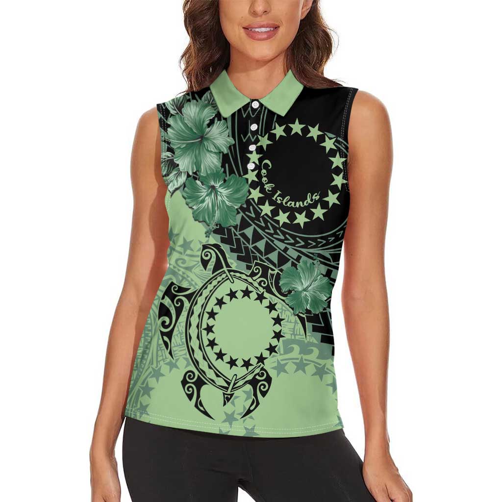 Cook Islands Turtle Women Sleeveless Polo Shirt Stars and Hibiscus - Green
