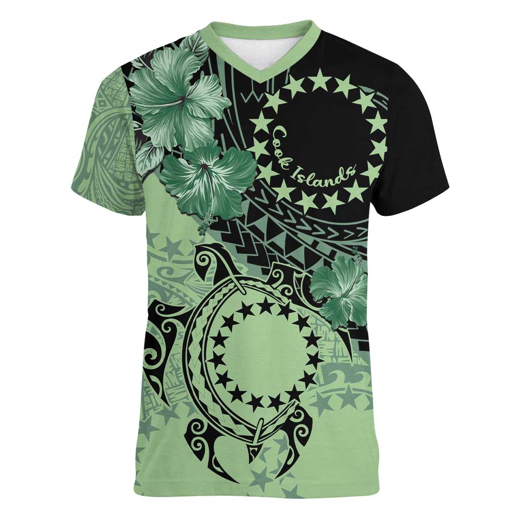 Cook Islands Turtle Women V-Neck T-Shirt Stars and Hibiscus - Green