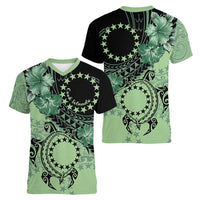 Cook Islands Turtle Women V-Neck T-Shirt Stars and Hibiscus - Green