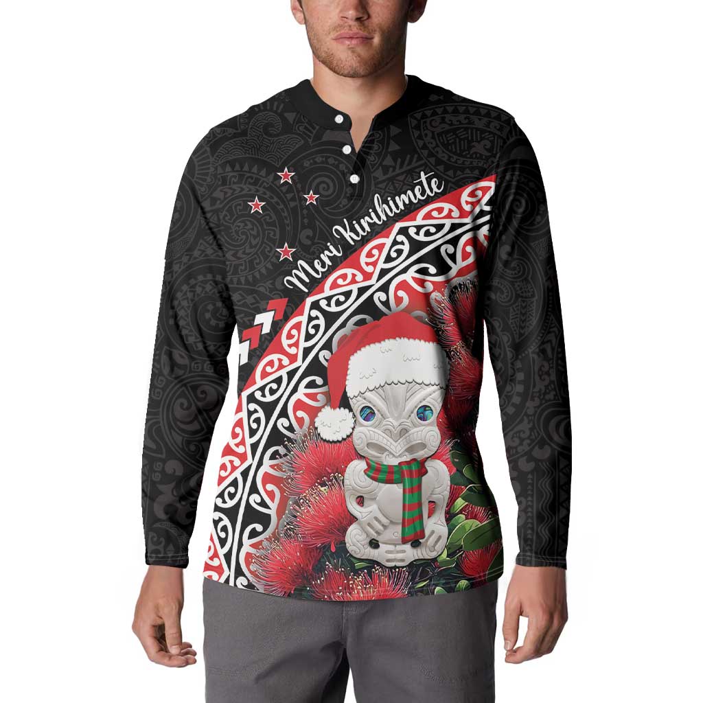 New Zealand Christmas Meri Kirihimete Button Sweatshirt Santa Hei Tiki Pohutukawa
