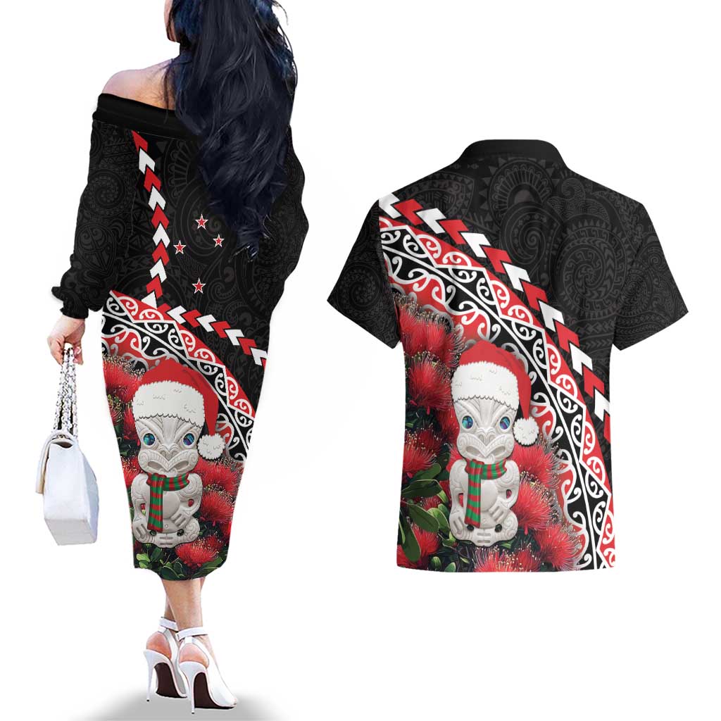 New Zealand Christmas Meri Kirihimete Couples Matching Off The Shoulder Long Sleeve Dress and Hawaiian Shirt Santa Hei Tiki Pohutukawa