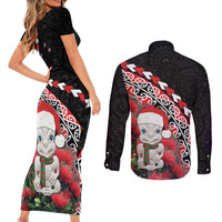 New Zealand Christmas Meri Kirihimete Couples Matching Short Sleeve Bodycon Dress and Long Sleeve Button Shirt Santa Hei Tiki Pohutukawa