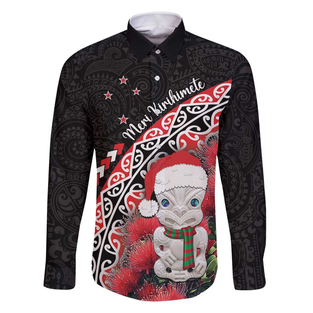 New Zealand Christmas Meri Kirihimete Family Matching Mermaid Dress and Hawaiian Shirt Santa Hei Tiki Pohutukawa LT01 Dad's Shirt - Long Sleeve Black - Polynesian Pride