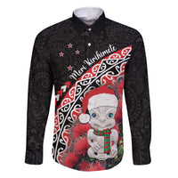New Zealand Christmas Meri Kirihimete Family Matching Mermaid Dress and Hawaiian Shirt Santa Hei Tiki Pohutukawa LT01 Dad's Shirt - Long Sleeve Black - Polynesian Pride