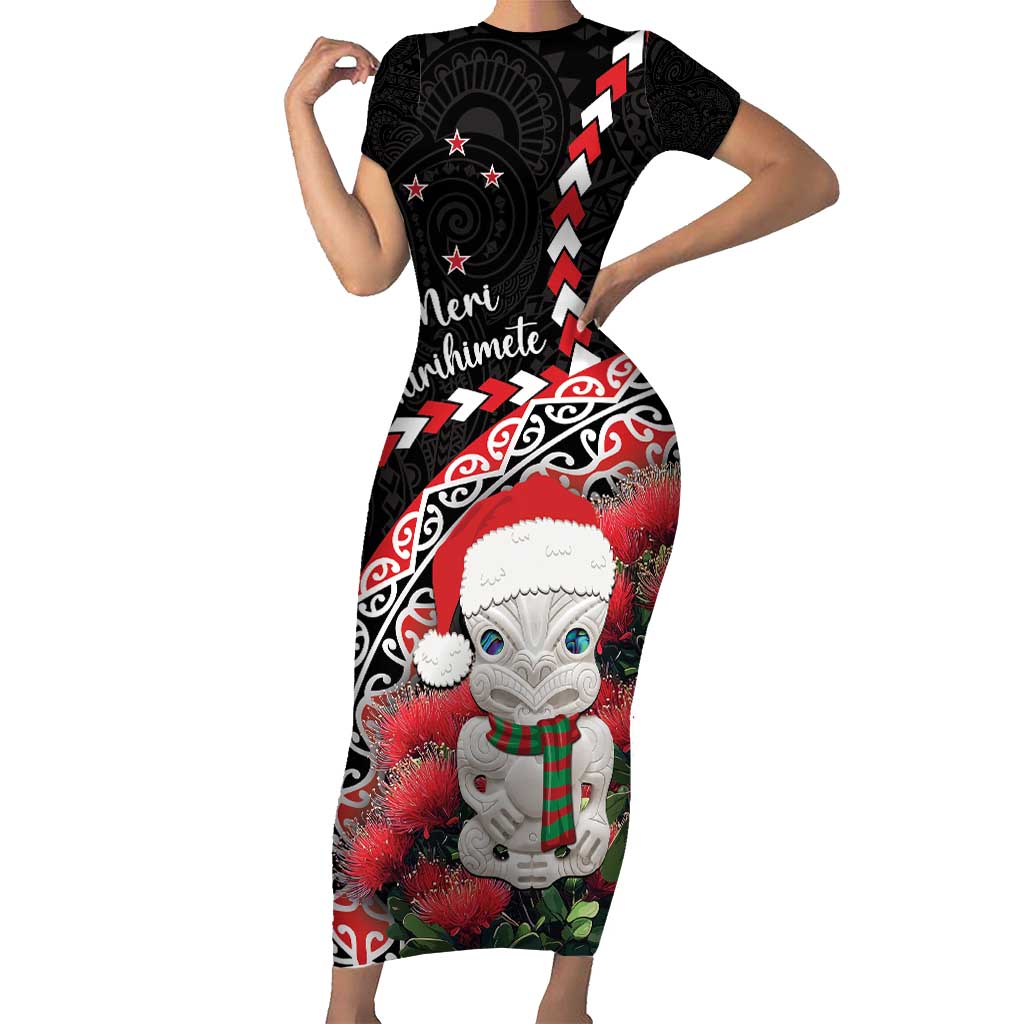 New Zealand Christmas Meri Kirihimete Family Matching Short Sleeve Bodycon Dress and Hawaiian Shirt Santa Hei Tiki Pohutukawa LT01 Mom's Dress Black - Polynesian Pride