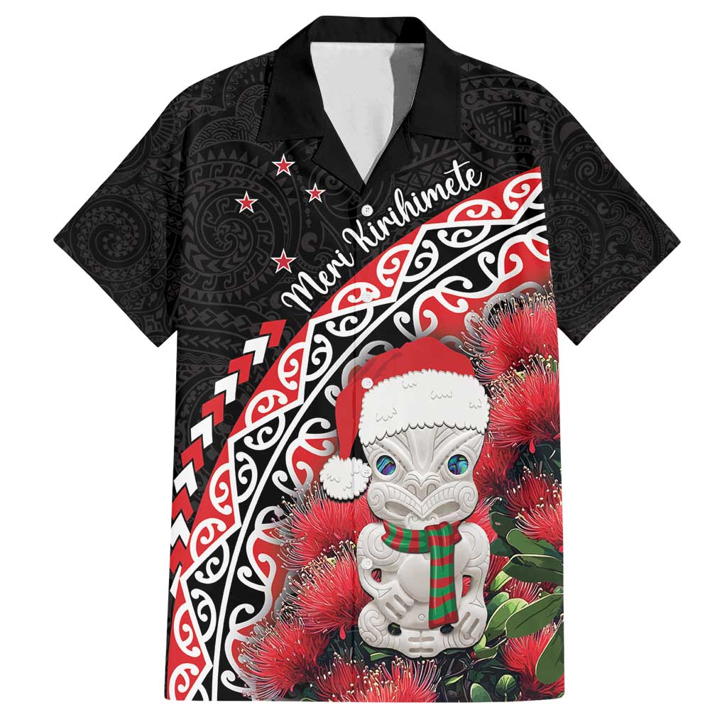New Zealand Christmas Meri Kirihimete Family Matching Tank Maxi Dress and Hawaiian Shirt Santa Hei Tiki Pohutukawa LT01 Dad's Shirt - Short Sleeve Black - Polynesian Pride