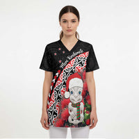 New Zealand Christmas Meri Kirihimete Scrub Top Santa Hei Tiki Pohutukawa - Polynesian Pride