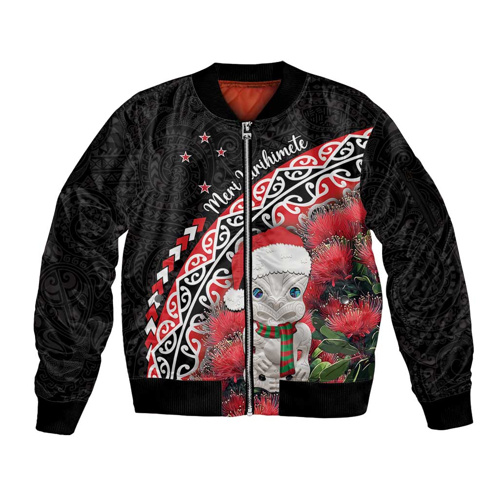 New Zealand Christmas Meri Kirihimete Sleeve Zip Bomber Jacket Santa Hei Tiki Pohutukawa LT01 Unisex Black - Polynesian Pride