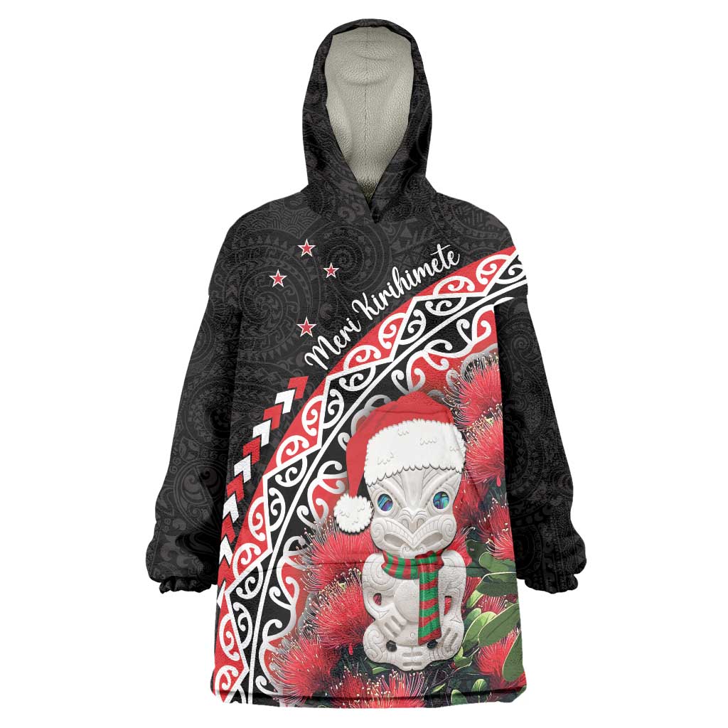 New Zealand Christmas Meri Kirihimete Wearable Blanket Hoodie Santa Hei Tiki Pohutukawa LT01 One Size Black - Polynesian Pride