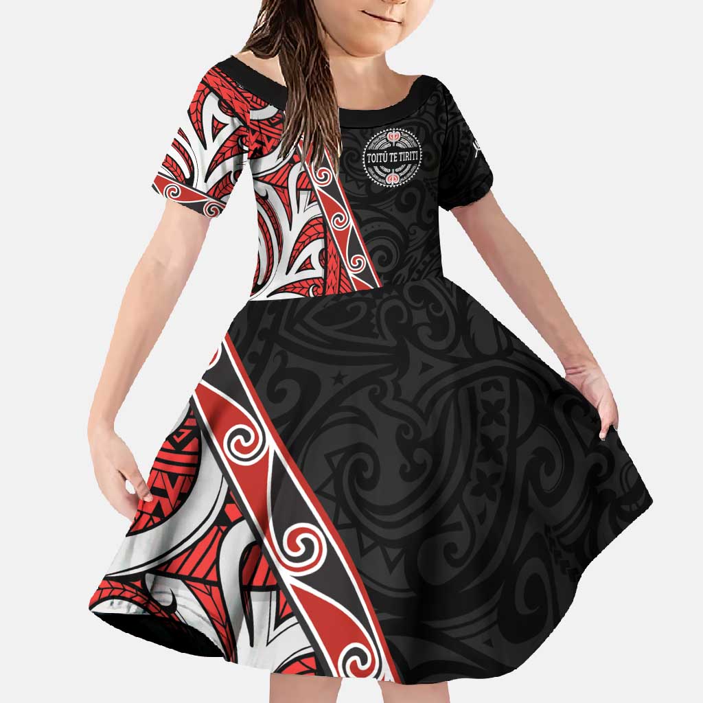 Aotearoa Toitu Te Tiriti Family Matching Tank Maxi Dress and Hawaiian Shirt Honour The Treaty New Zealand LT01 Daughter's Dress Black - Polynesian Pride