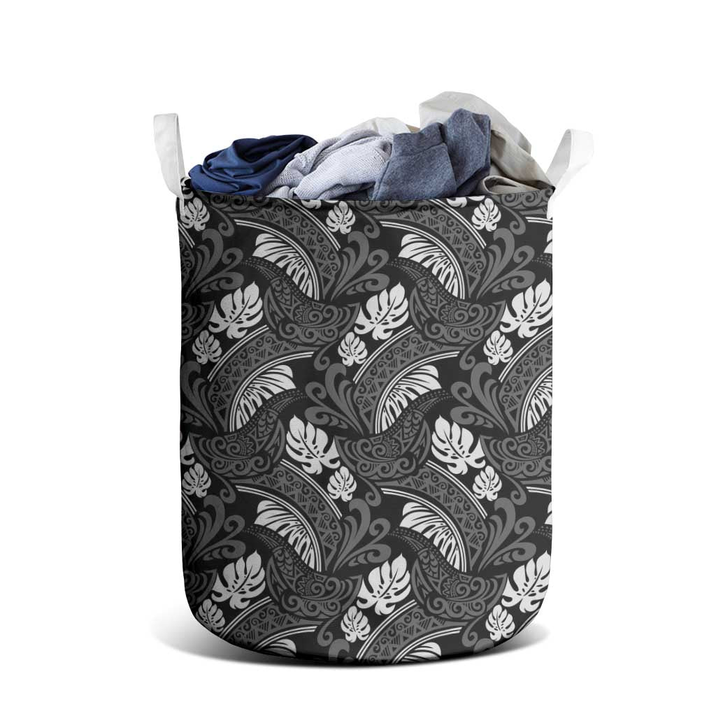 Grayscale Monstera Laundry Basket Polynesian Tribal Pattern - Polynesian Pride