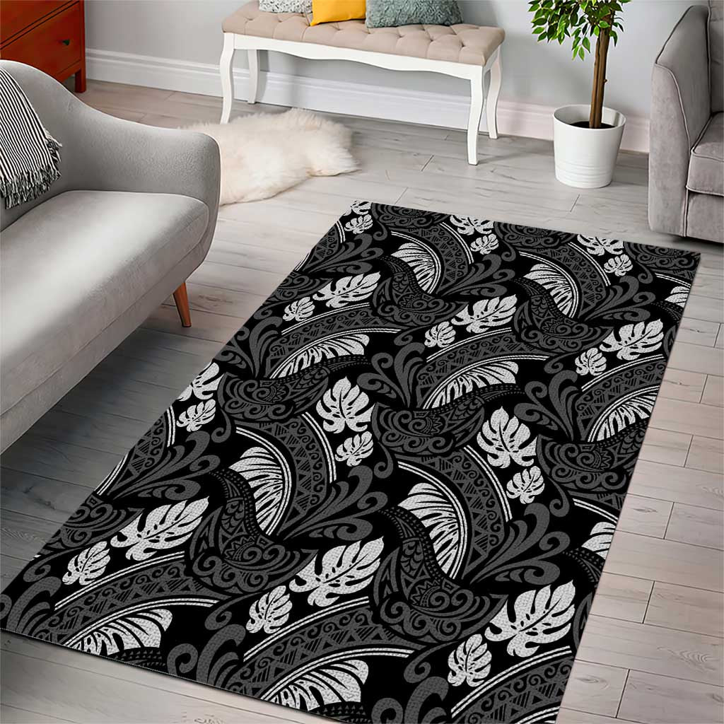 Grayscale Monstera Area Rug Polynesian Tribal Pattern - Polynesian Pride