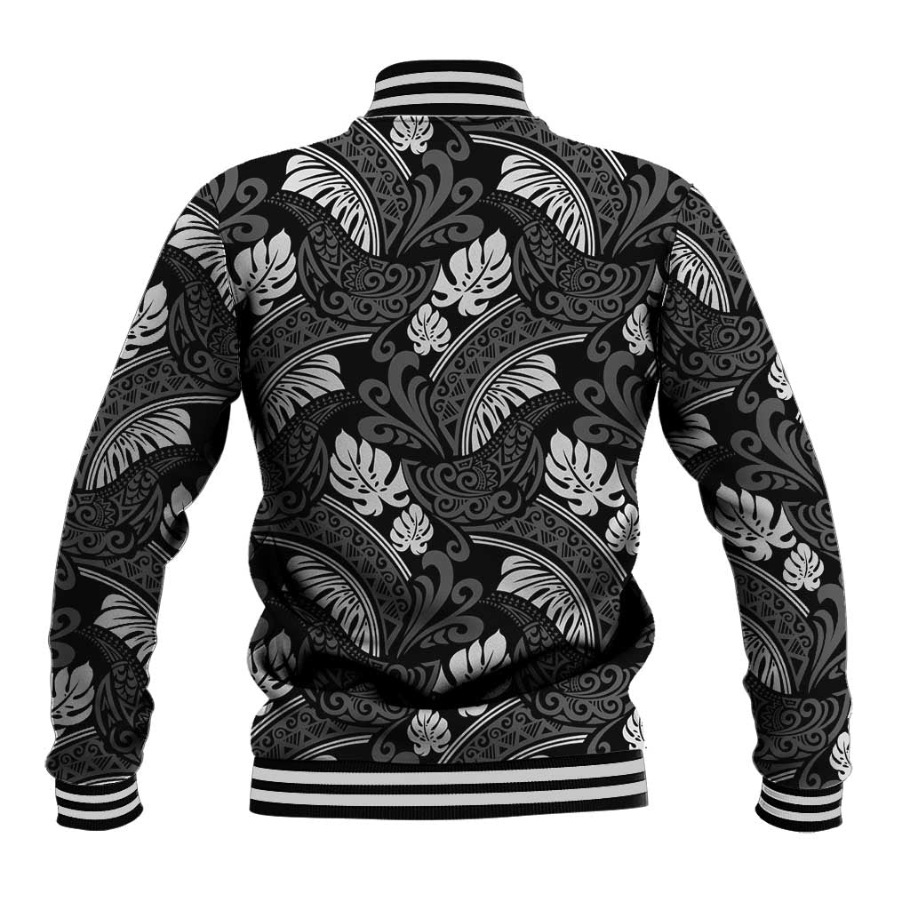 Grayscale Monstera Baseball Jacket Polynesian Tribal Pattern - Polynesian Pride