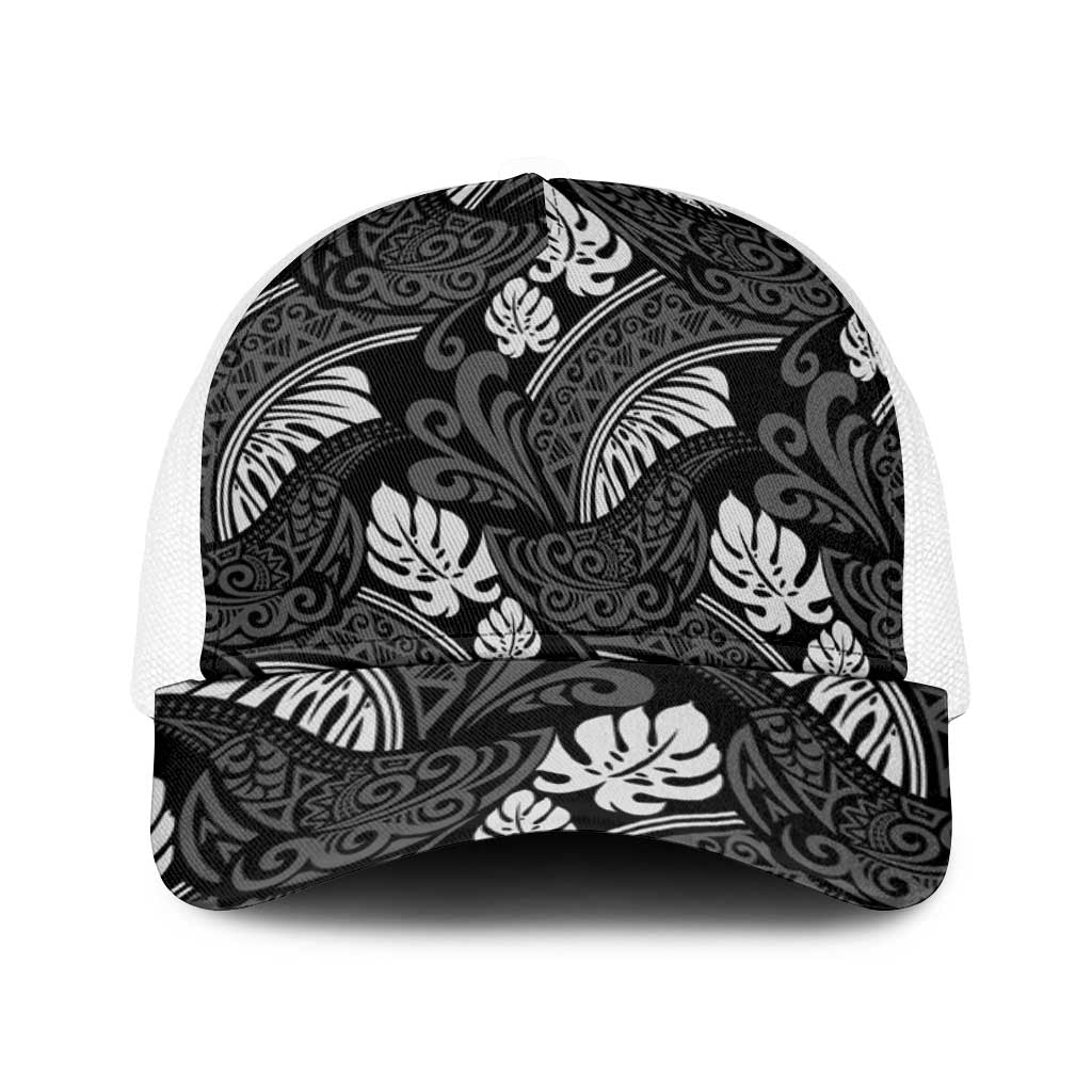 Grayscale Monstera Baseball Net Cap Polynesian Tribal Pattern - Polynesian Pride