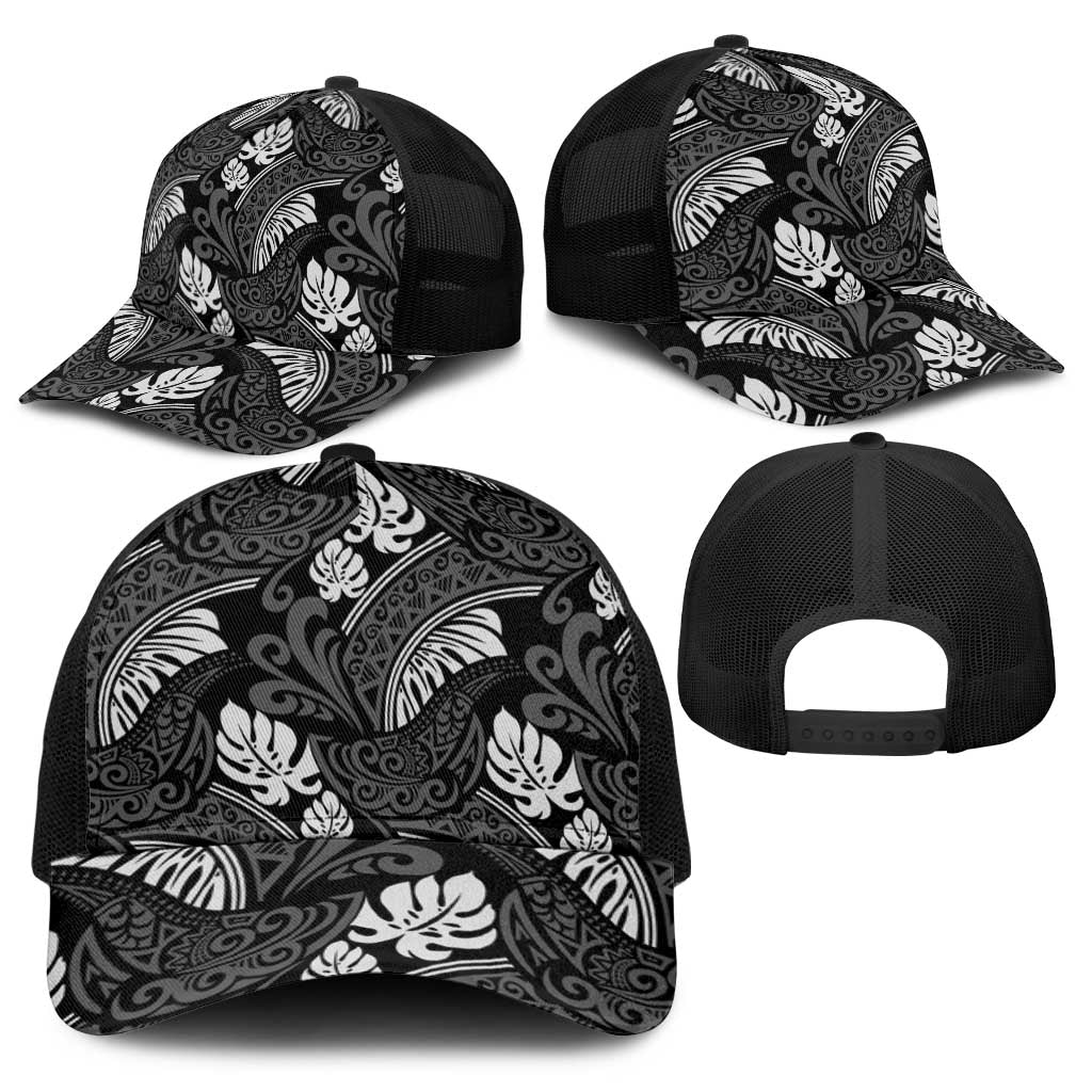 Grayscale Monstera Baseball Net Cap Polynesian Tribal Pattern - Polynesian Pride