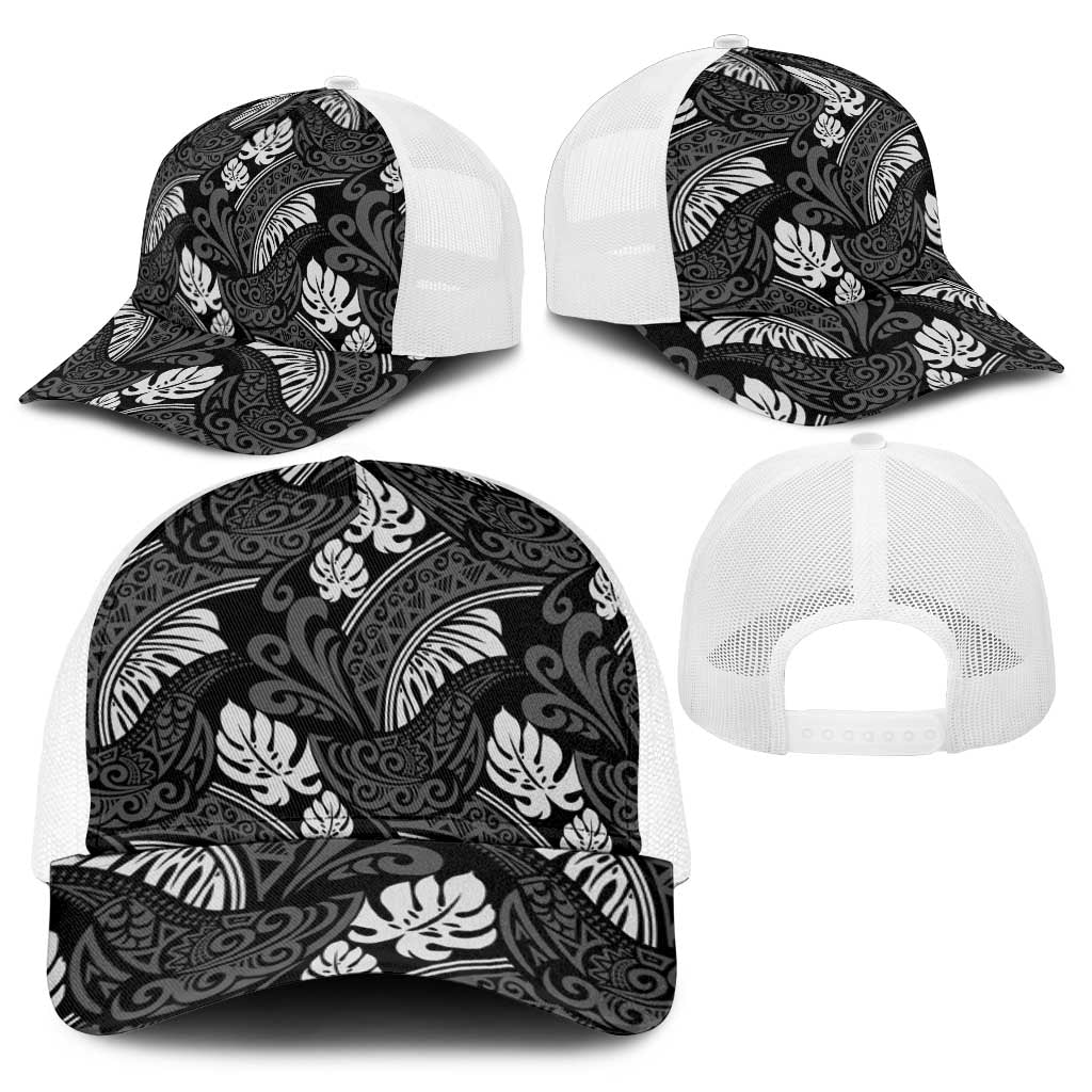 Grayscale Monstera Baseball Net Cap Polynesian Tribal Pattern - Polynesian Pride