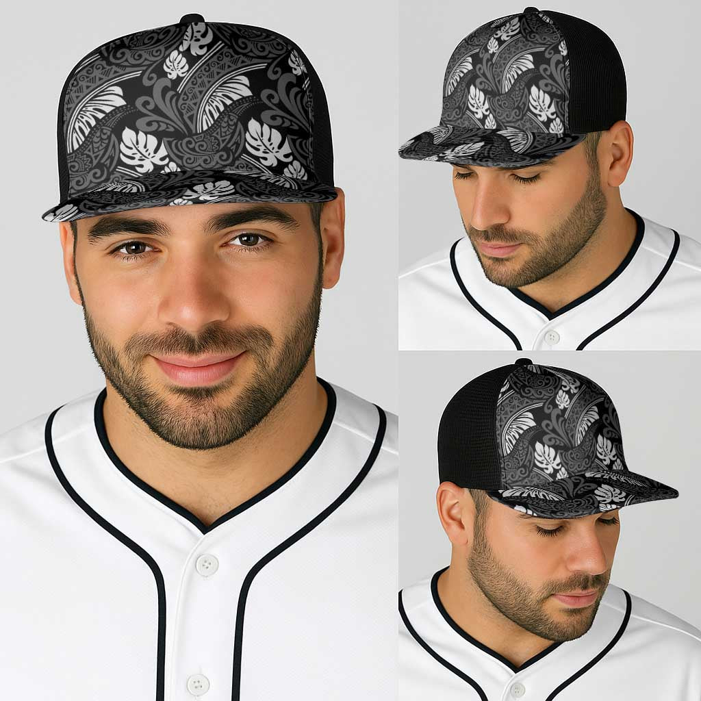 Grayscale Monstera Baseball Net Cap Polynesian Tribal Pattern - Polynesian Pride