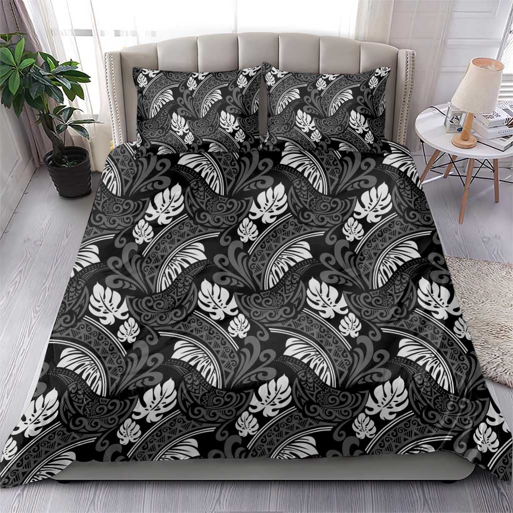 Grayscale Monstera Bedding Set Polynesian Tribal Pattern - Polynesian Pride