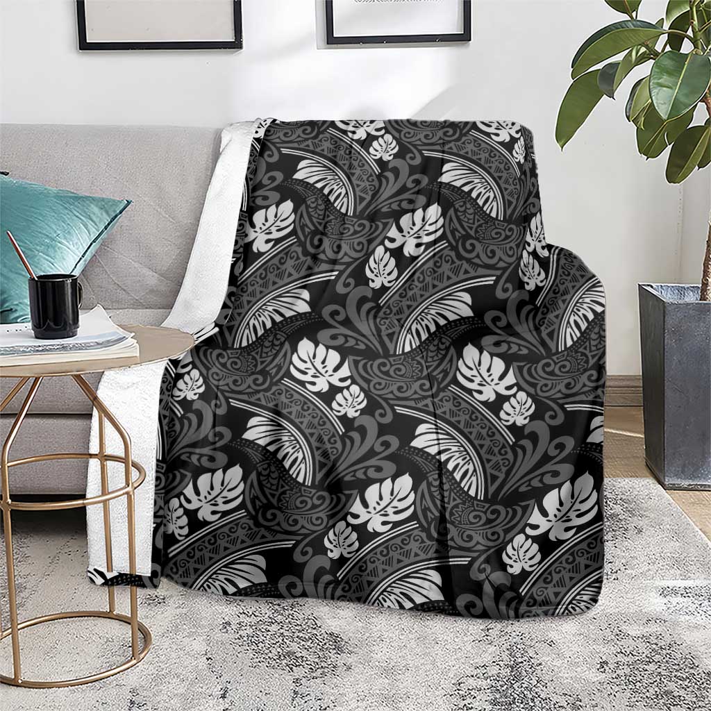 Grayscale Monstera Blanket Polynesian Tribal Pattern - Polynesian Pride