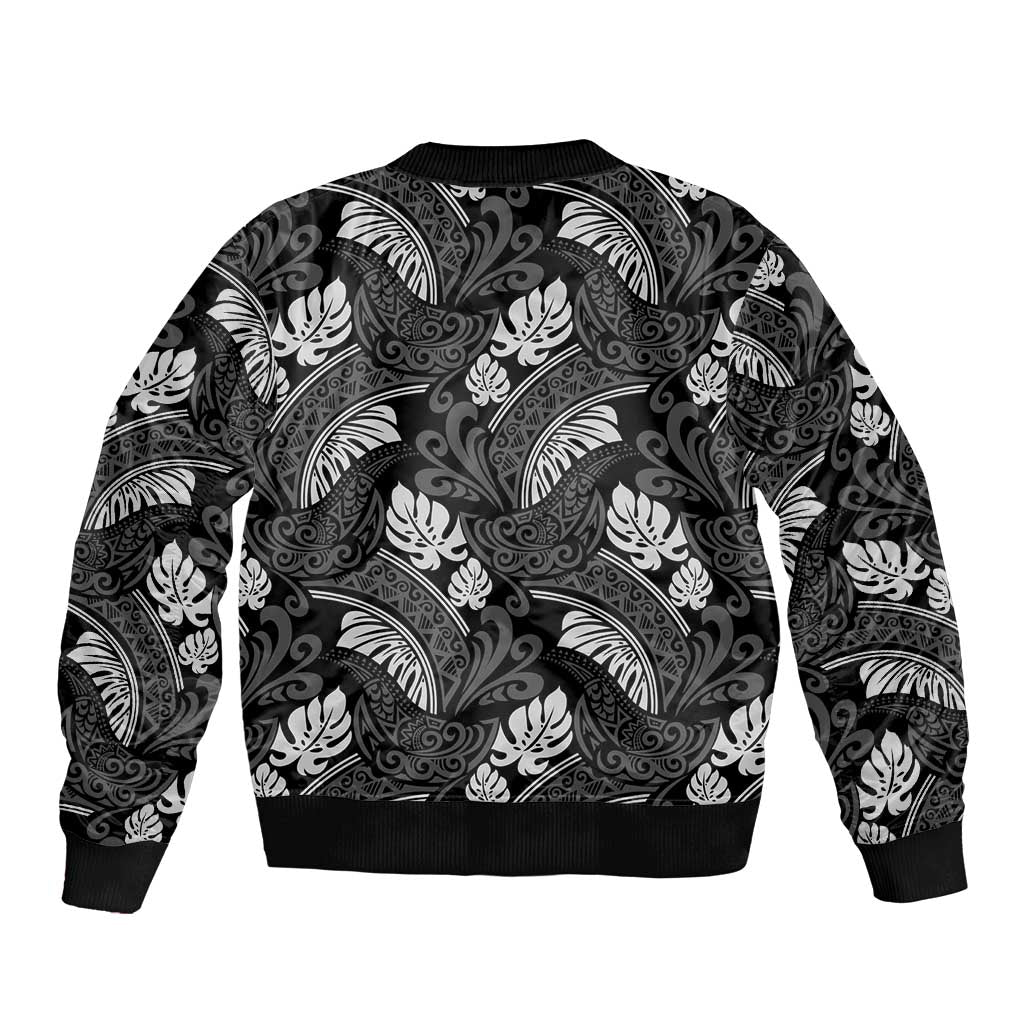 Grayscale Monstera Bomber Jacket Polynesian Tribal Pattern - Polynesian Pride