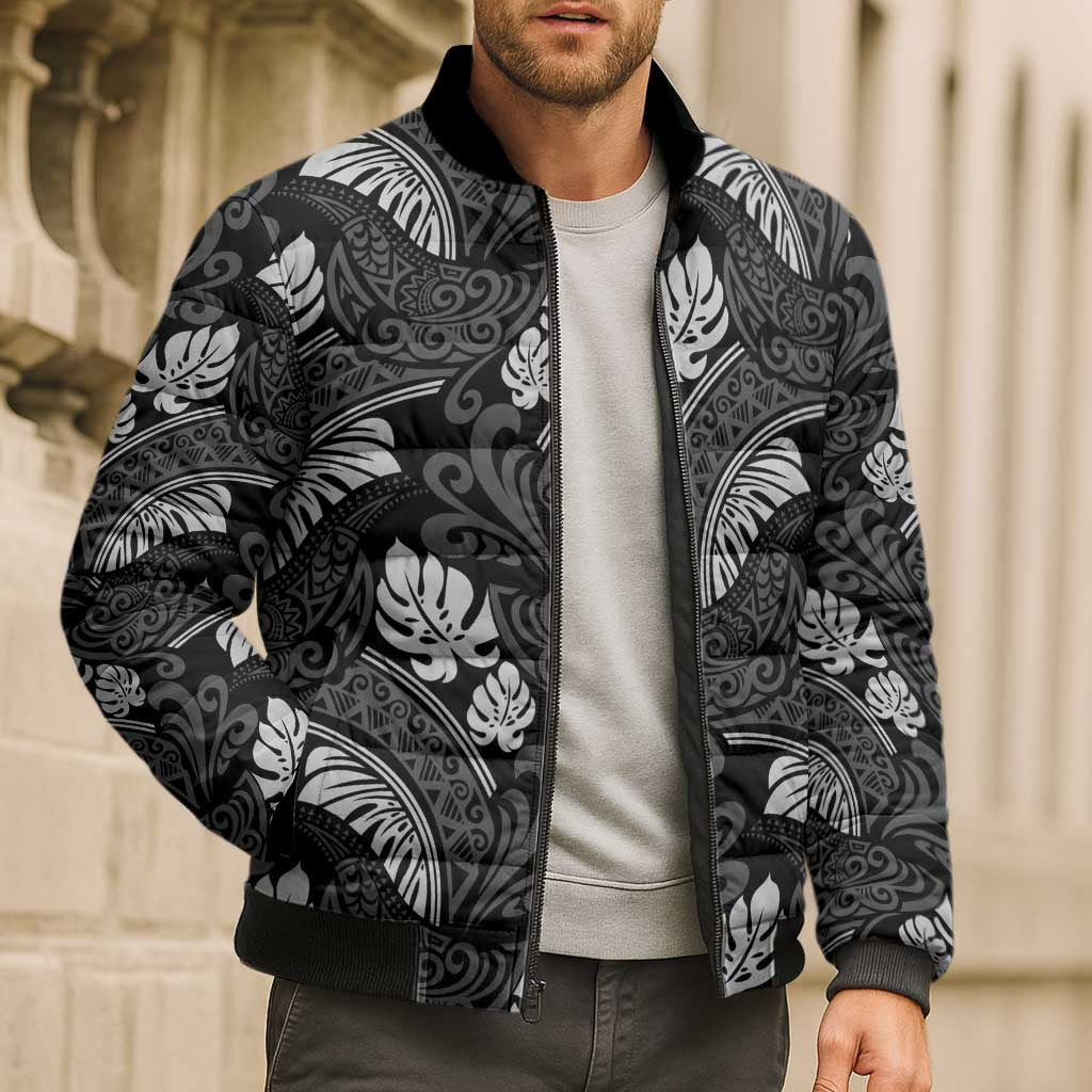 Grayscale Monstera Bomber Puffer Jacket Polynesian Tribal Pattern - Polynesian Pride