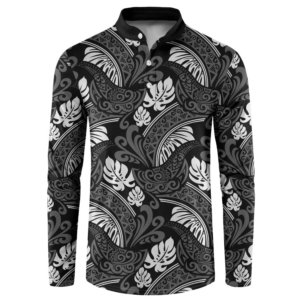 Grayscale Monstera Button Sweatshirt Polynesian Tribal Pattern - Polynesian Pride