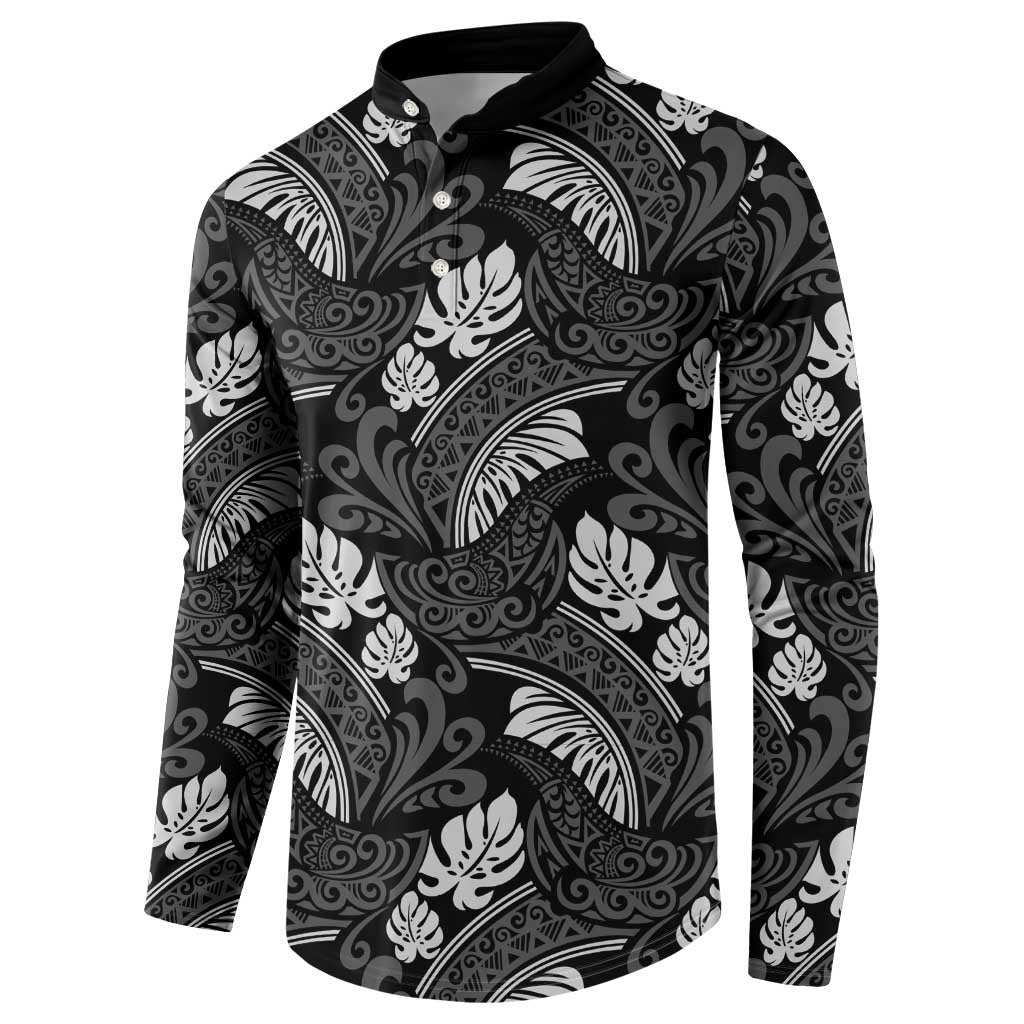 Grayscale Monstera Button Sweatshirt Polynesian Tribal Pattern - Polynesian Pride
