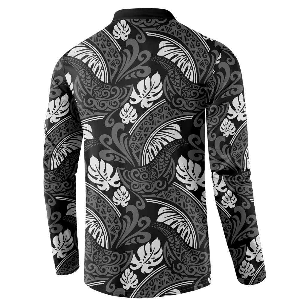 Grayscale Monstera Button Sweatshirt Polynesian Tribal Pattern - Polynesian Pride