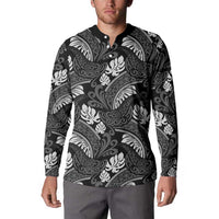 Grayscale Monstera Button Sweatshirt Polynesian Tribal Pattern - Polynesian Pride