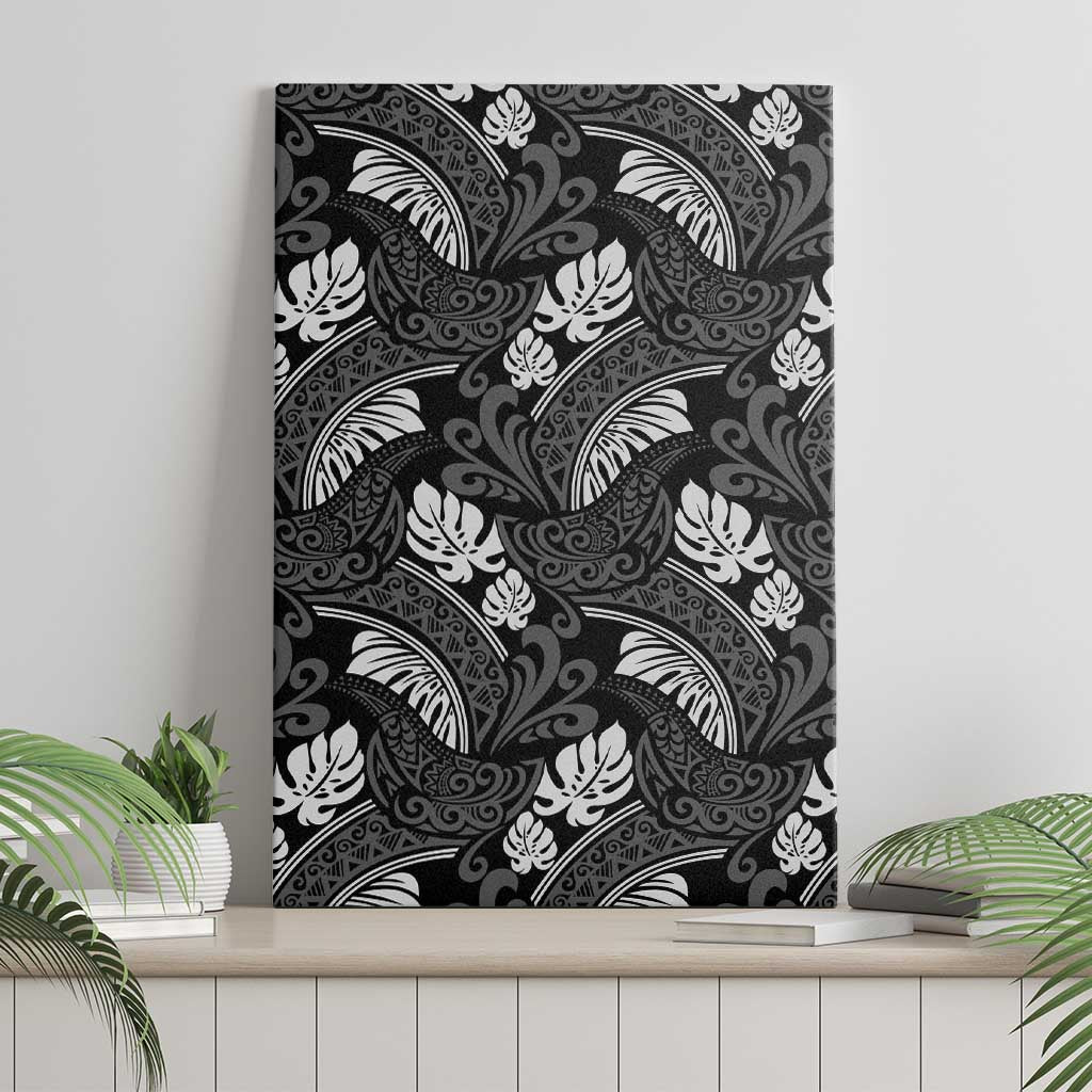 Grayscale Monstera Canvas Wall Art Polynesian Tribal Pattern - Polynesian Pride