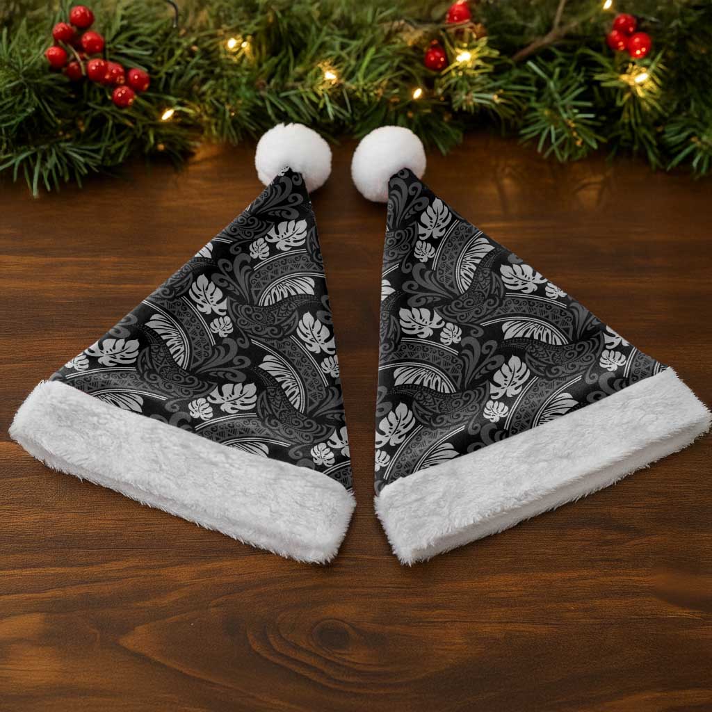 Grayscale Monstera Christmas Santa Hat Polynesian Tribal Pattern - Polynesian Pride
