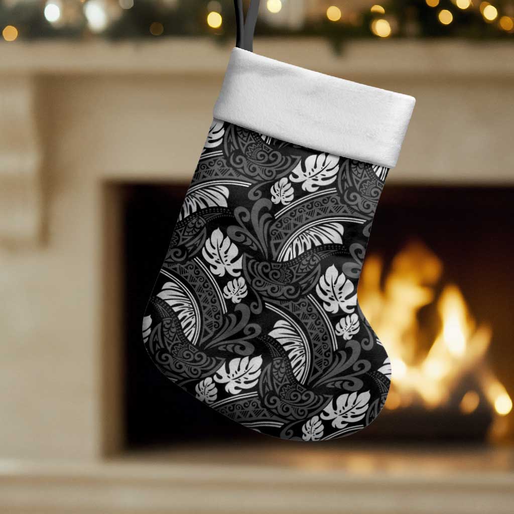 Grayscale Monstera Christmas Stocking Polynesian Tribal Pattern - Polynesian Pride